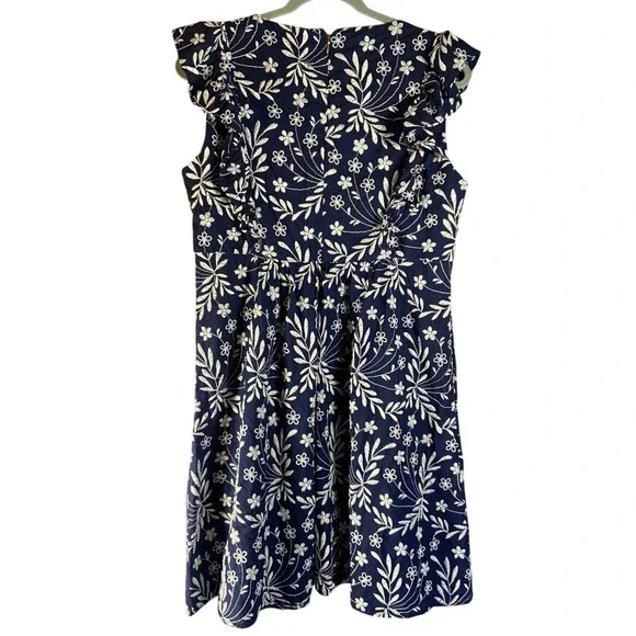 Draper James Navy Blue Floral Embroidered Flutter Sleeve Dress Size 12 Brunch - Picture 2 of 12